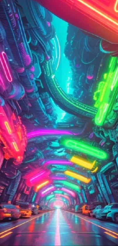 Futuristic neon-lit city street wallpaper with vibrant colors.