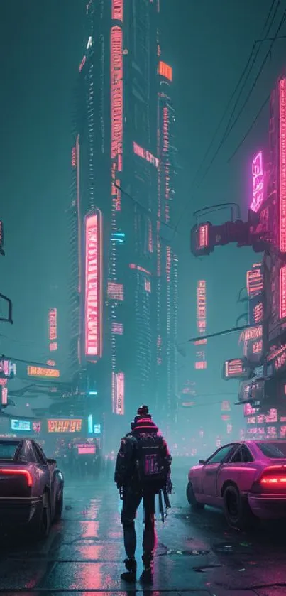 Cyberpunk city scene with neon lights and futuristic ambience.