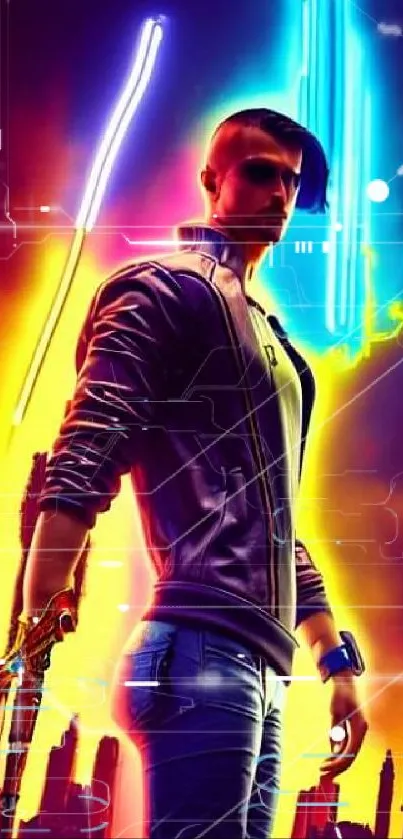 Futuristic neon cityscape wallpaper featuring a stylish character.