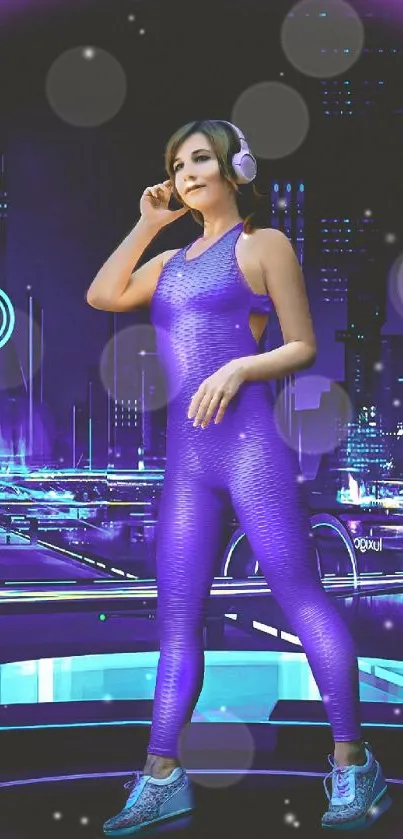 Neon-clad figure in futuristic cityscape surrounded by purple light.