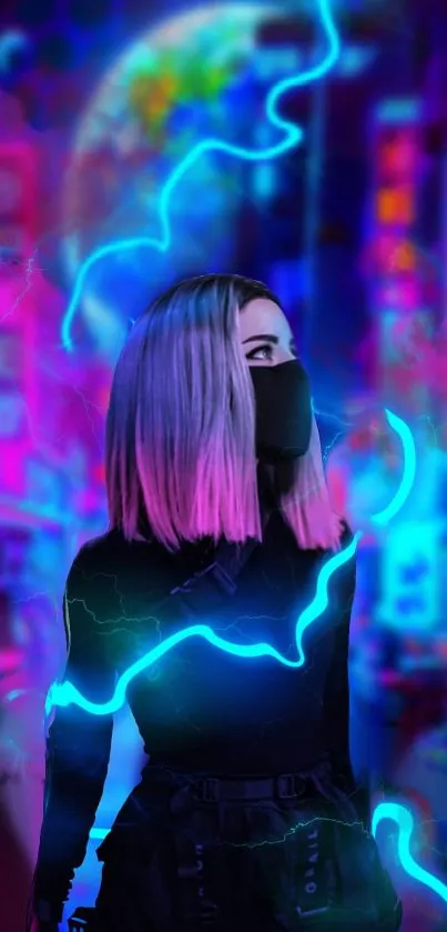 Futuristic neon cityscape with blue lightning and a masked figure.