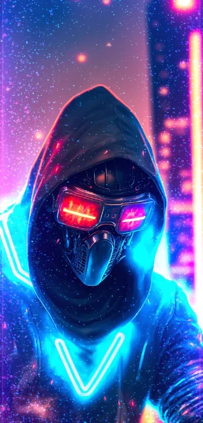 Cyberpunk masked figure with neon city backdrop.