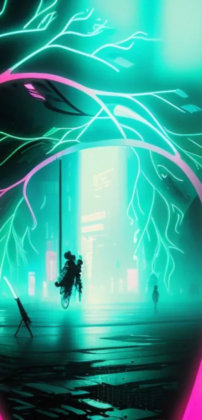 Futuristic neon cityscape with glowing trees and silhouettes at night.