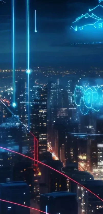 Futuristic cityscape with neon lights and light trails at night.