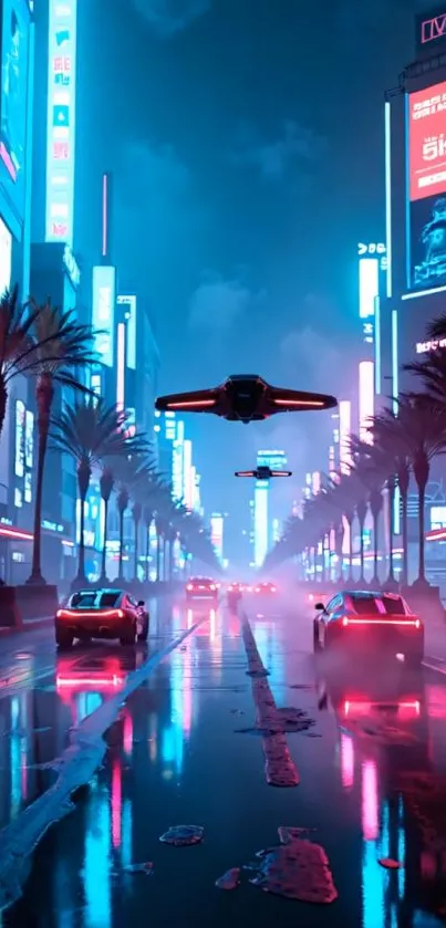 Futuristic cityscape with neon lights and flying cars at night.