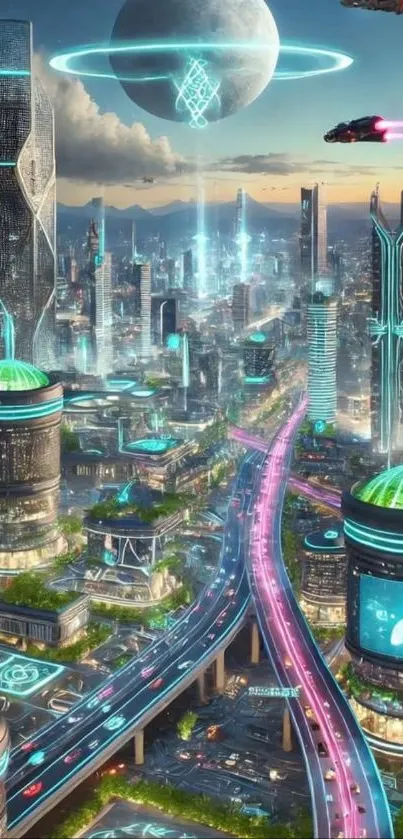 A vibrant futuristic cityscape with neon lights and hovering vehicles.