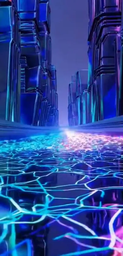 Futuristic cityscape with neon lights and reflections, digital art.