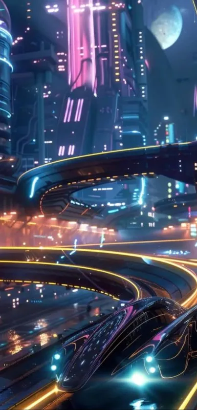 Futuristic neon cityscape with sleek architecture.