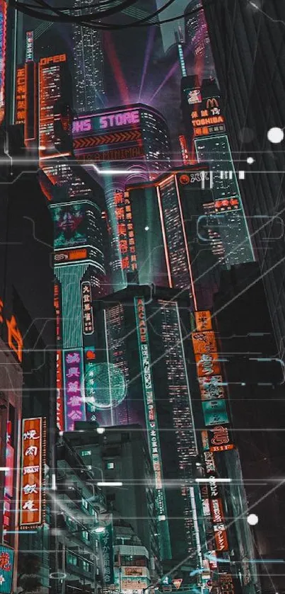 Neon-lit futuristic cityscape at night.