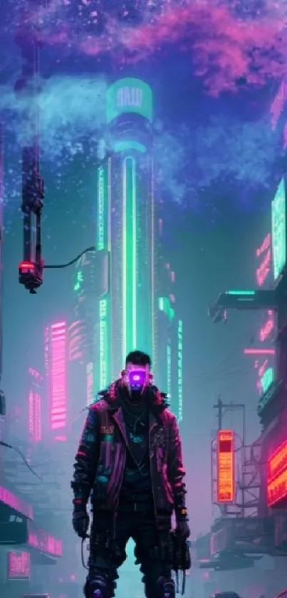 Cyberpunk cityscape with neon lights and futuristic atmosphere.