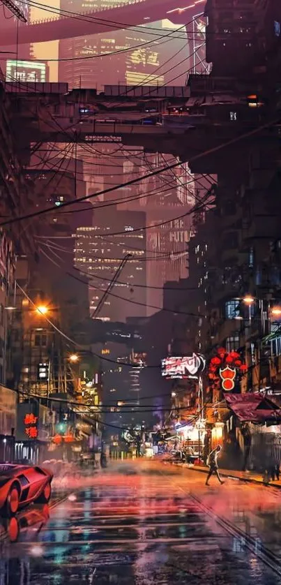 Vibrant neon cityscape at night with reflections on a wet street, exuding a cyberpunk vibe.