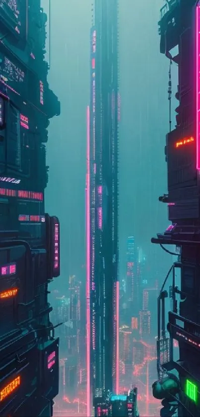 Futuristic cityscape with neon lights and towering skyscrapers.