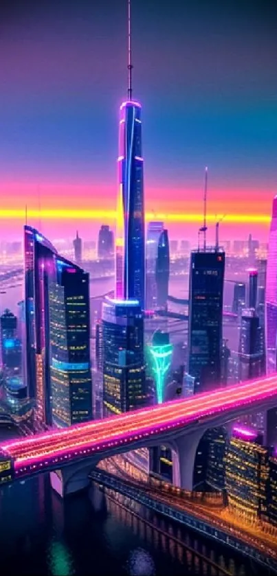 Futuristic cityscape with neon skyscrapers and glowing bridges.