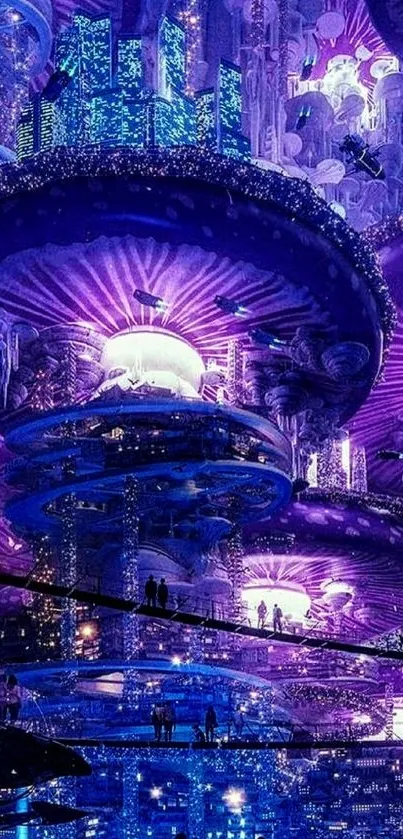 A stunning purple and blue futuristic cityscape wallpaper.