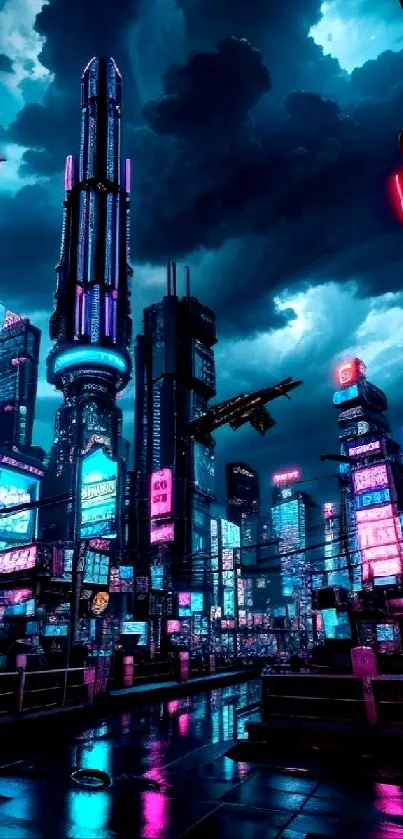 Futuristic cyberpunk city with neon lights and dramatic skyline.