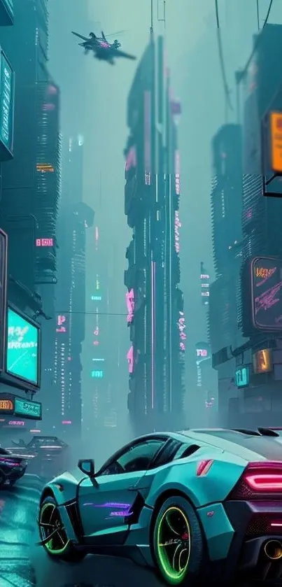 Futuristic city with neon lights and flying cars in a cyberpunk style.