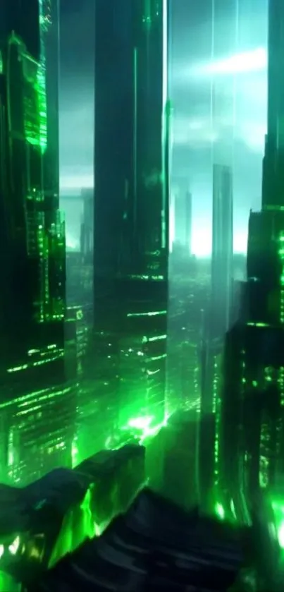 Futuristic neon cityscape with green skyscrapers.