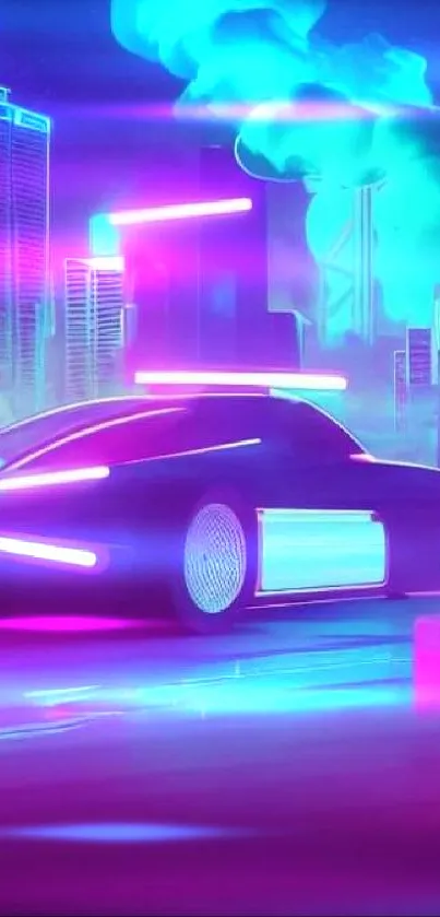 Futuristic neon cityscape with a sleek car and glowing skyscrapers.