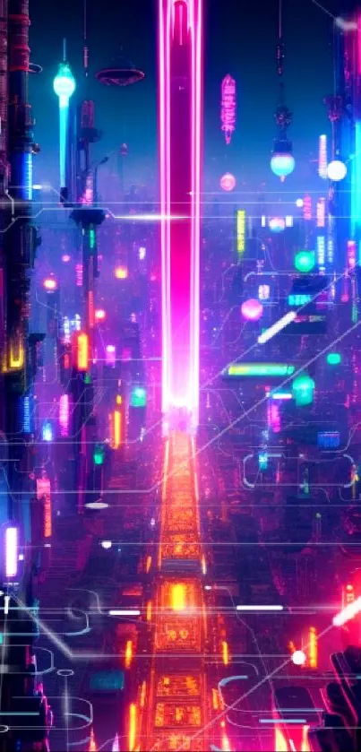 Futuristic cityscape with vibrant neon lights and cyberpunk aesthetics.