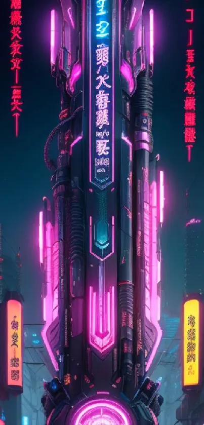 Futuristic cityscape with neon lights and cyberpunk aesthetic.