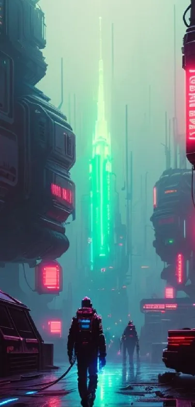 Futuristic neon cityscape with vibrant lights and cyberpunk elements.