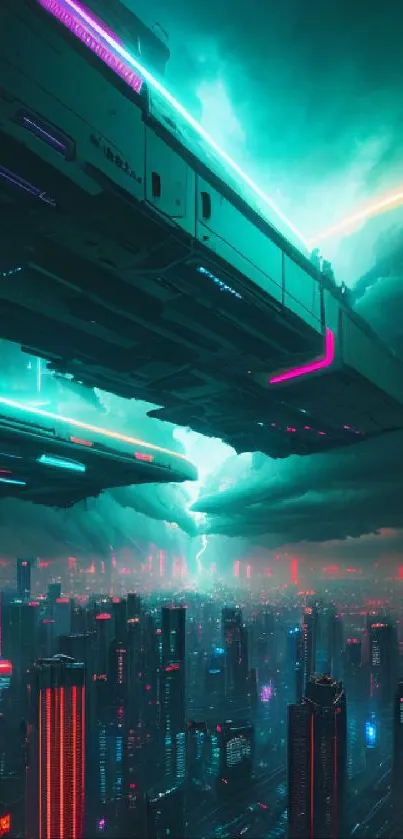 Futuristic neon cityscape with glowing buildings and flying ships.