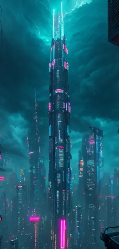 Futuristic cityscape with neon lights and a stormy sky.