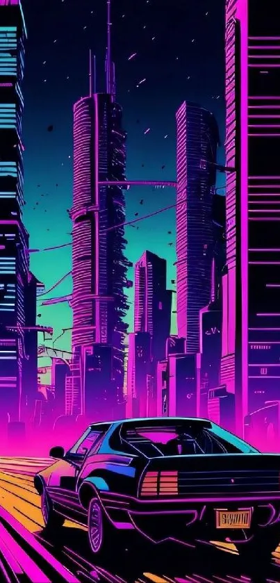 Futuristic neon cityscape with car and skyscrapers.