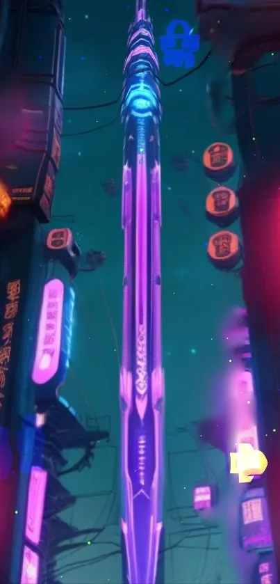 Futuristic neon cityscape with skyscrapers and vibrant lights.