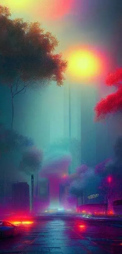 Futuristic neon cityscape with vibrant colors and digital art design.