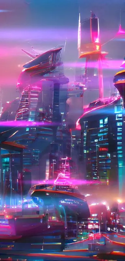 Futuristic cityscape with neon lights creating a vibrant urban scene.