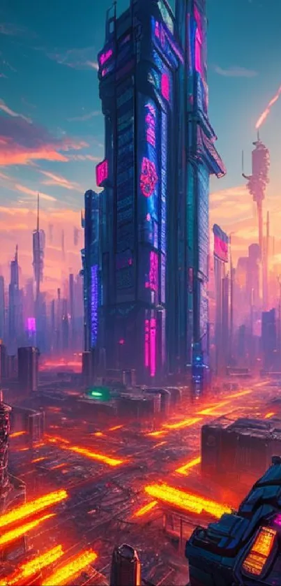 Futuristic neon cityscape with vibrant skyscrapers and glowing streets.