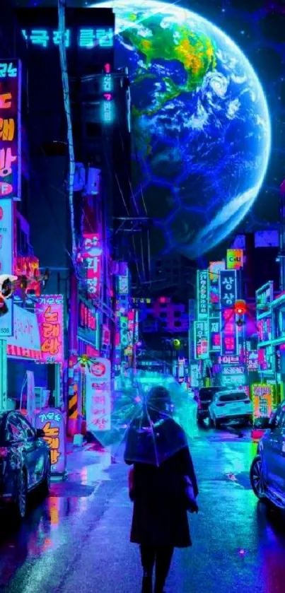 Futuristic neon cityscape with vibrant colors and an Earth backdrop on a rainy street.