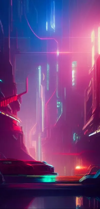 Futuristic cityscape with neon lights and modern architecture in vivid colors.