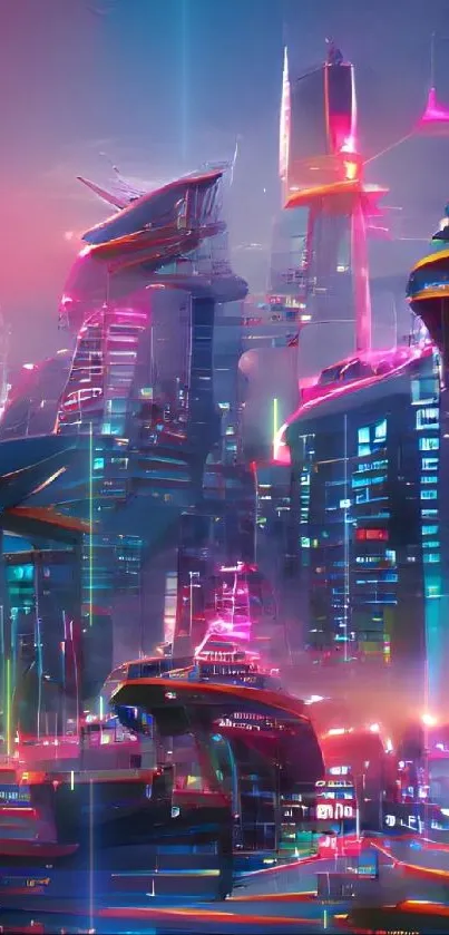 Futuristic neon cityscape with vibrant skyscrapers.