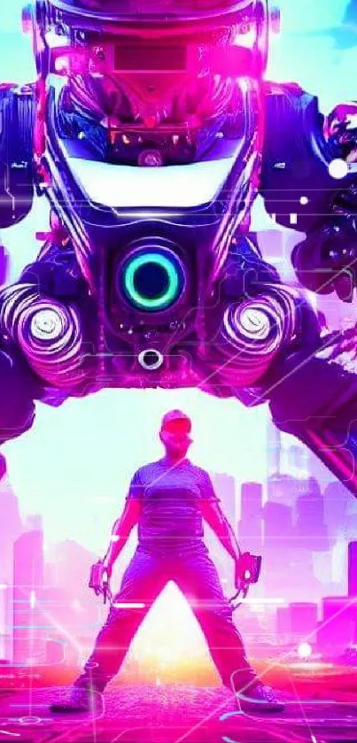 Futuristic neon cityscape with humanoid robot.