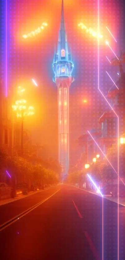 Futuristic city with neon lights and glowing colors.