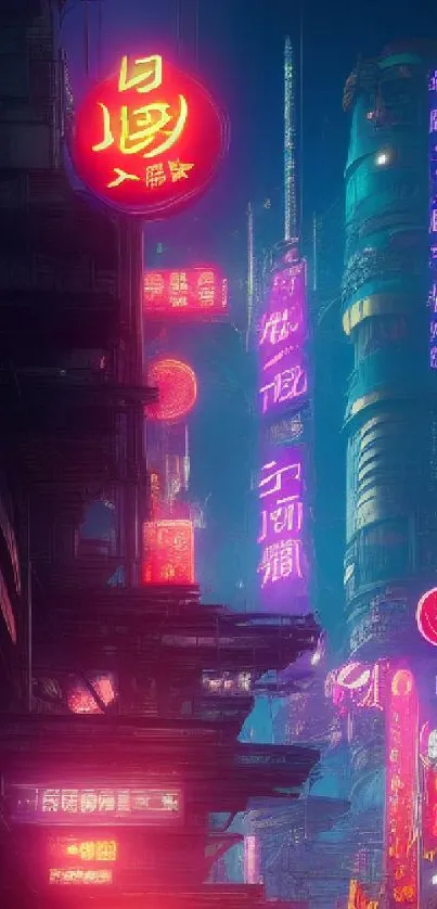 Futuristic neon cityscape with vibrant colors and urban elements.