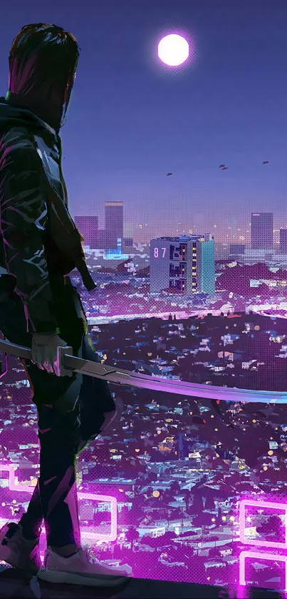 Lone figure with katana overlooking neon cityscape at night.