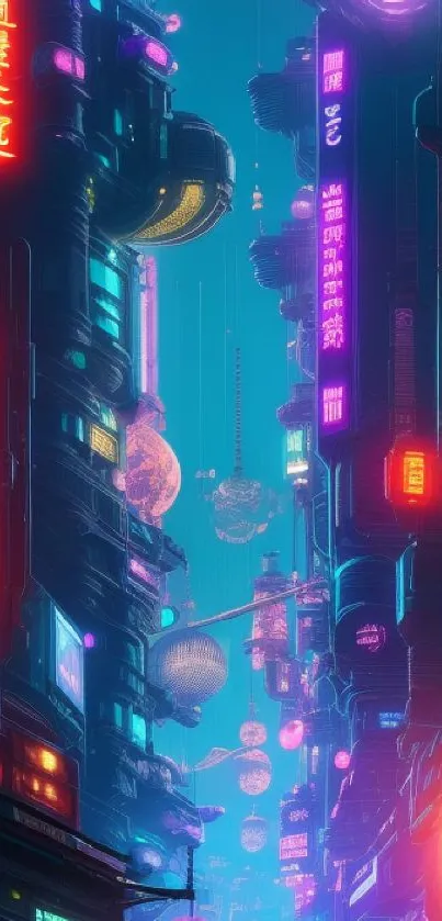 Futuristic neon cityscape with glowing signs and a vibrant skyline at night.