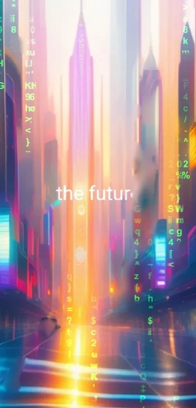 Futuristic cityscape with neon colors and digital graphics.