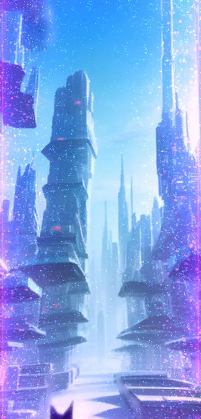 Futuristic cityscape with neon lights and skyscrapers.