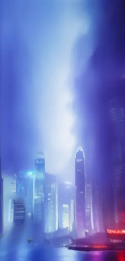 Futuristic neon cityscape with blue skyscrapers and urban lights.