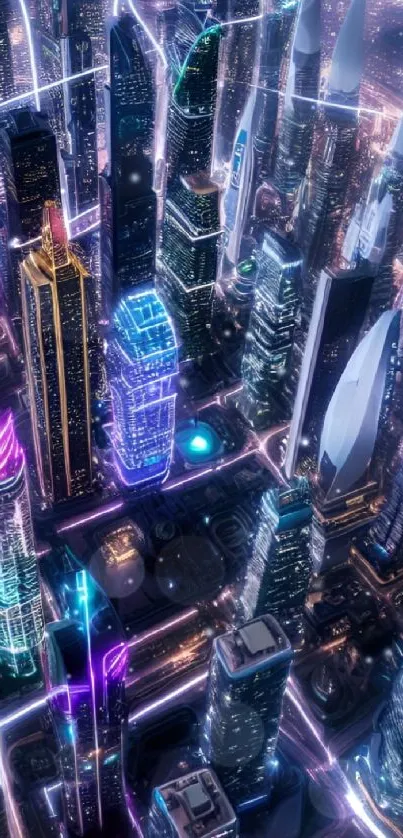 Futuristic neon city skyline with glowing architecture.