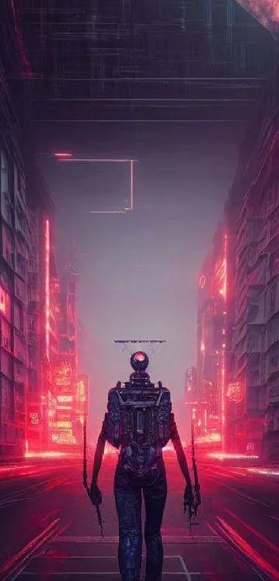 Futuristic robot in a neon-lit cityscape with vibrant colors.