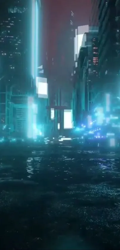 Futuristic neon cityscape with glowing teal lights.