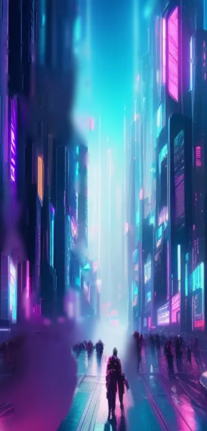 Futuristic neon cityscape wallpaper with vibrant lights and tall buildings.