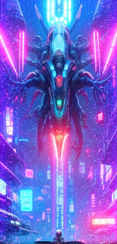 Futuristic neon cityscape with vibrant lights and cyberpunk atmosphere.
