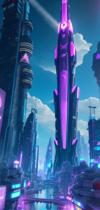 Futuristic neon cityscape with skyscrapers and vivid lights.