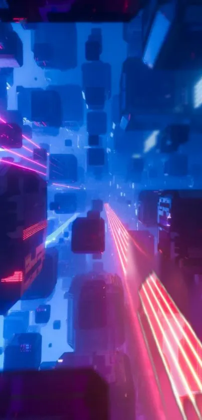 Futuristic neon cityscape with blue and pink hues in a vibrant design.